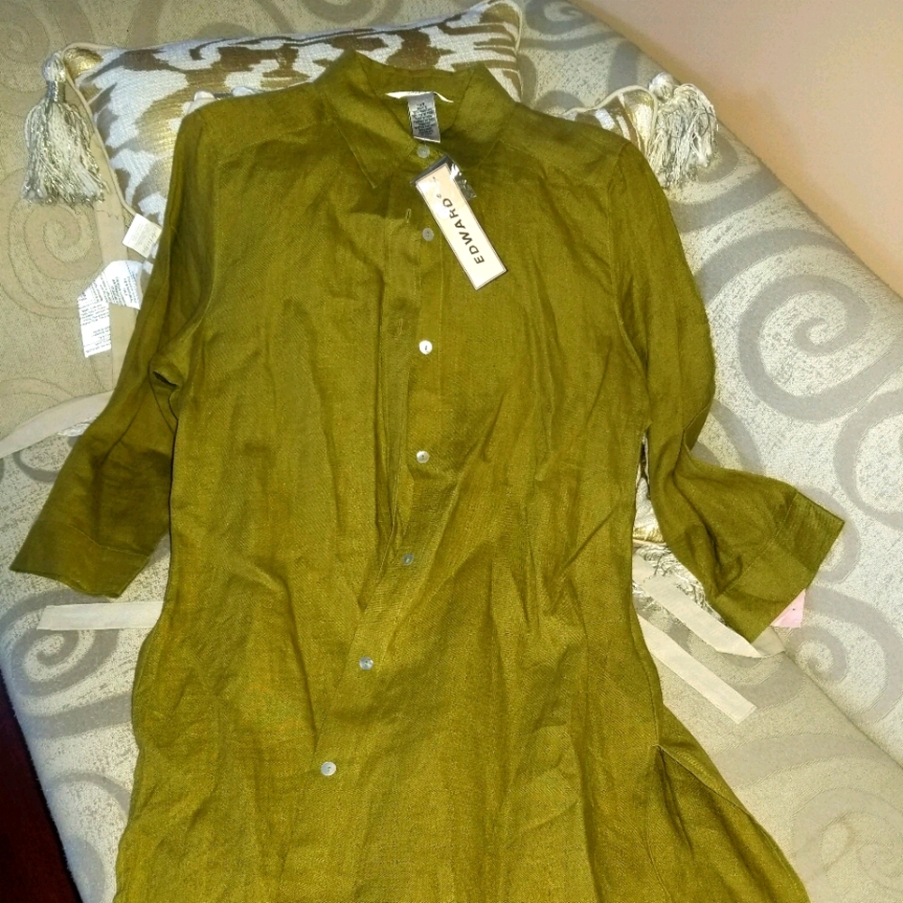 New With Tags, Army Green Linen 3/4 Sleeve Button Down Shirt Dress With Collar